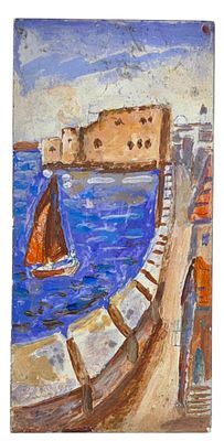 נמל עכו - ציור בצבעי שמן על חצי אריח קרמיקה. 15x7.5 ס"מ, חתום