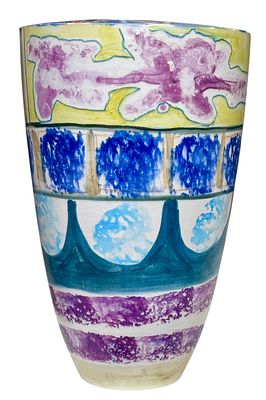 אגרטל קרמיקה ישראלי בעיצוב מיוחד תוצרת כפר מנחם, מצויר ביד ע"י האמנית תלמה הראל. גובה 24 ס"מ 