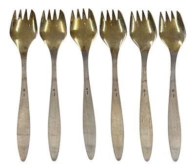 סט 6 מזלגות עשויים כסף 916 תוצרת ברית המועצות, עיטורים דקורטיביים על הידית והזהבה בחלק העליון 