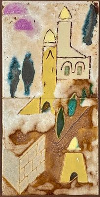 זוג בנוף - תבליט קרמיקה עשוי משני אריחים צבועים בגלזורה צבעונית מוצמדים לעץ, אומן לא מזוהה. 