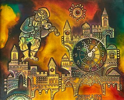 נוף ירושלים עם כנר על הגג - תבליט נחושת צבעוני עם שעון קיר. מידות התבליט 31x38 ס"מ, מידות 