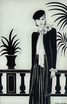 דוגמנית אופנה - הדפס אר-דקו על זכוכית. 40.5x28.5 ס"מ, שריטות