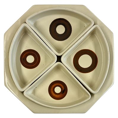 כלי הגשה מקרמיקה תוצרת לפיד כולל מגש ו4 צלוחיות. קוטר המגש 26 ס"מ, כל החלקים חתומים