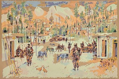 שמואל כץ (1926-2010) - חילים במנוחה, ליטוגרפיה צבעונית חתומה בעפרון וממוספרת 148/200. מידות 