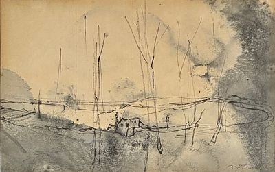 אסתר פרץ ארד (1921-2005) - נוף, אקוורל על נייר. מידות הציור 24x38 ס"מ, מידות המסגרת 45x58 ס"מ, חתום