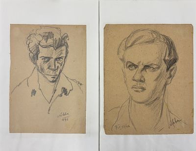 אבא פניכל (1906-1986) 4 רישומי גברים (פליטים או שורדי שואה), עפרון על נייר (מוצמדים ל2 דפי A4 