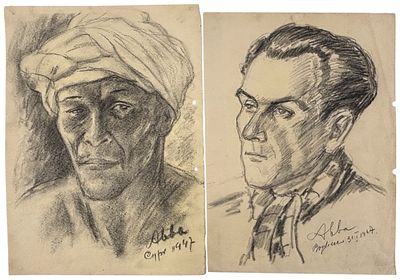 אבא פניכל (1906-1986) - זוג רישומי גברים (פליטים או שורדי שואה), עפרון על נייר. הרישומים מהשנים 