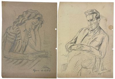 אבא פניכל (1906-1986) זוג רישומים של גבר ואישה (פליטים או שורדי שואה), עפרון על נייר. הרישומים 