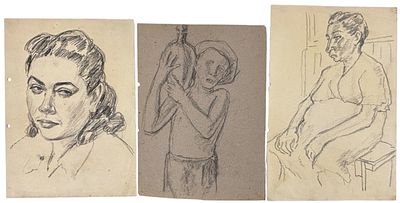 אבא פניכל (1906-1986) זוג רישומי נשים ורישום ילד (פליטים או שורדי שואה), עפרון על נייר. 