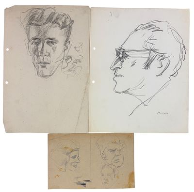 אבא פניכל (1906-1986) - דיוקן עצמי וזוג סקיצות בעפרון על נייר (אחד דו צדדי). מידות הדיוקן 30x24 ס"מ