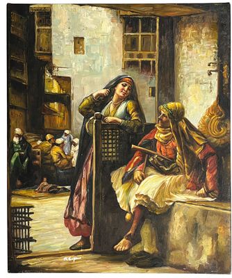 אחרי Frederick Arthur Bridgman (ארה"ב 1847-1928) - עלמה מפלרטטת עם שוטר אמריקאי. שמן על בד 