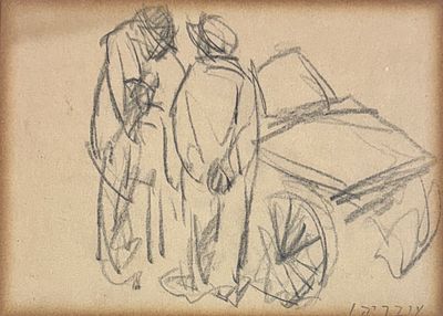 שמואל עובדיהו (1892-1963) - דמויות ליד רכב, רישום בעיפרון על נייר, חתום. מידות הציור 12.5x17.5 