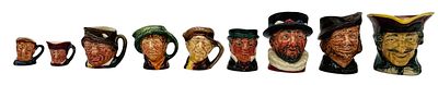 לוט 9 ספלים מפורצלן תוצרת Royal Doulton בעיצוב דמויות (Toby Mugs). בריטניה תקופת אמצע המאה ה20. 