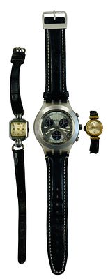 לוט 3 שעוני וינטג' כולל שעון Tissot ו- Doxa לאישה ושעון Swatch כרונוגרף לגבר (קוטר 43 מ"מ). לא 