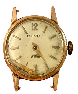 שעון DUXOT לאישה עשוי זהב 14k, מנגנון מכאני במצב עבודה, שני מחוגים נפלו. קוטר 21 מ"מ, משקל הזהב 