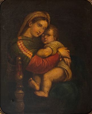 אחרי רפאל - מדונה דלה סגג'ולה (Madonna della Seggiola), ציור עתיק בצבעי שמן על בד. אומן לא 