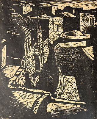 יעקב שטיינהרט (1887-1968) - ירושלים, חיתוך עץ ממוסגר, חתום בעיפרון בעברית ובאנגלית ומתוארך 