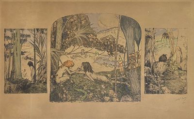 אבל פן (1883-1963) - גן עדן, ליטוגרפיה צבעונית עתיקה חתומה בעפרון ומתוארכת 1916. מידות הציור 