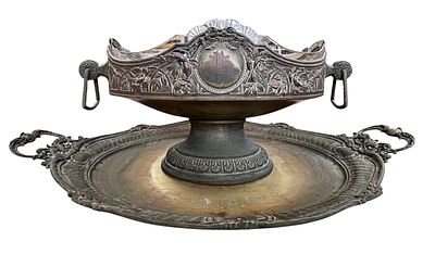 קערת פירות סנטר פיס Jardiniere עתיקה יחד עם מגש מצופים כסף. תוצרת WMF גרמניה מתקופת תחילת המאה 
