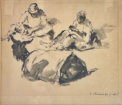 לודוויג שוורין (1897-1983) - שני גברים וחמור, דיו על נייר, חתום ומתוארך 1950. נתון במסגרת 