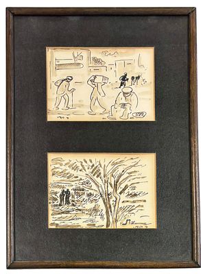 דוד הנדלר (1904-1984) - זוג ציורים קטנים בצבעי מים על נייר ממוסגרים יחדיו. מידות הציורים 