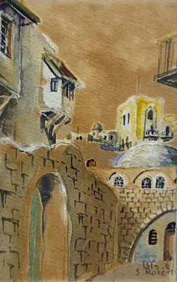 שמואל רוזין (1926-2006) - סמטה ירושלמית, ציור מיניאטורי בצבעי מים על נייר. חתום. מידות הציור 