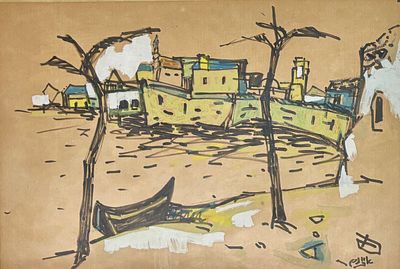 יעקב איזנשר (1896-1980) - נמל יפו, אקוורל וגואש על נייר, חתום. מידות הציור 31x46 ס"מ, מידות 