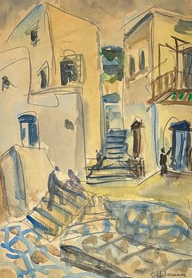 שמשון הולצמן (1907-1986) - נוף רחוב, אקוורל ועפרון על נייר, חתום. מידות הציור 48x33 ס"מ, מידות 