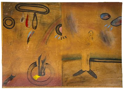 עודד פיינגרש (1938-2026) - סוריאליזם, טכניקה מעורבת על קרטון, חתום. 49x68 ס"מ. עודד פיינגרש 