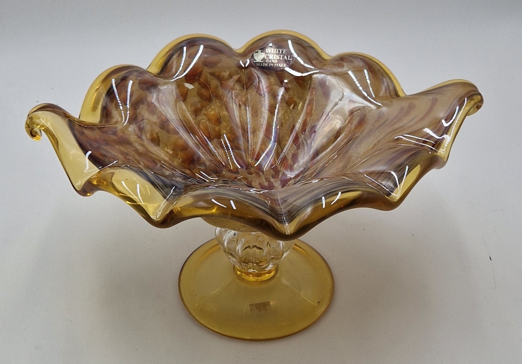 ITALIAN (Hand Made) Extra Large 32cm x 17cm AMBER GLASS SIX PETAL SWUNG PEDESTAL