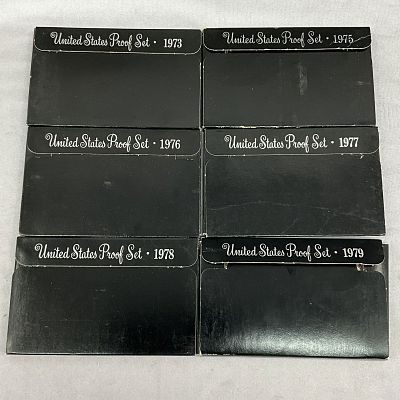 1970's U.S. Coin Currency Proof Sets, 6 each. 6 1970's proof sets, black plastic display cases.