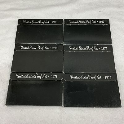 1970's U.S. Coin Currency Coin Proof Sets, 6 each. 6 1970's proof sets, black plastic display