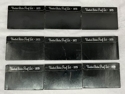 Group 1970's U.S. Coin Currency Proof Sets, 9 each. 6 1970's proof sets, black plastic display