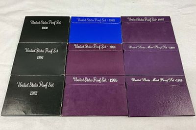 1980's U.S. Coin Currency Proof Sets, 9 boxes. 1980's Proof Sets, 1980, 81, 83, 84, 85, 87, 88