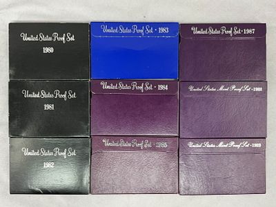 1980's U.S. Coin Currency Proof Sets, 9 Boxes. 1980's Proof Sets, 1980, 81, 83, 84, 85, 87, 88
