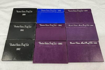 1980's U.S. Coin Currency Proof Sets, 9 Boxes. 1980's US Proof Sets, 1980, 81, 82, 83, 84, 85