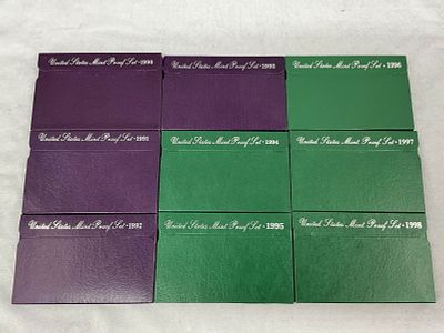 1990's U.S. Coin Currency Proof Sets, 9 Boxes. 1990's US Mint Proof Sets, 1990-1998, 9 boxes.