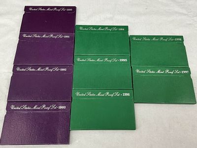 1990's U.S. Coin CurrencyProof Sets, 9 Boxes. 1990's US Mint Proof Sets, 1990-1998, 9 boxes.