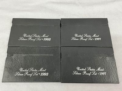 1990's Silver Proof Coin Sets, 4 Boxes. 1990's US Mint Silver Proof sets, 1992, 1993, 2 from