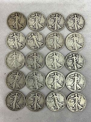 Standing Liberty Half Dollars, 20. One roll, 20 U.S. Coin Currency coins, Standing Liberty half