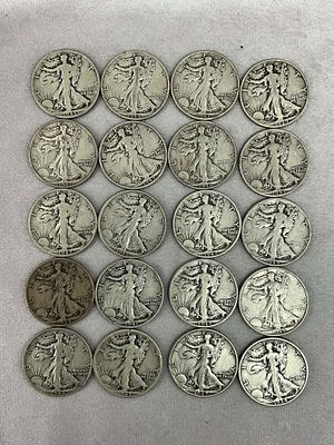Standing Liberty Half Dollars, 20. U.S. Coin Currency Walking Liberty silver half dollars, one