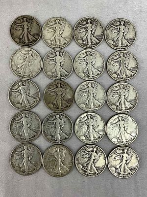 Standing Liberty Half Dollars, 20. U.S. Coin Currency Walking Liberty silver half dollars, one