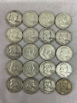 1950's & 1960's Ben Franklin Half Dollars, 20. One roll, 20 U.S. Coin Currency coins, Ben