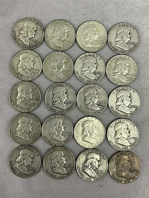 1950's & 1960's Ben Franklin Half Dollars, 20. One roll, 20 U.S. Coin Currency coins, Ben