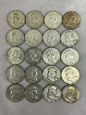 1950's & 1960's Ben Franklin Half Dollars, 20. One roll, 20 U.S. Coin Currency coins, Ben