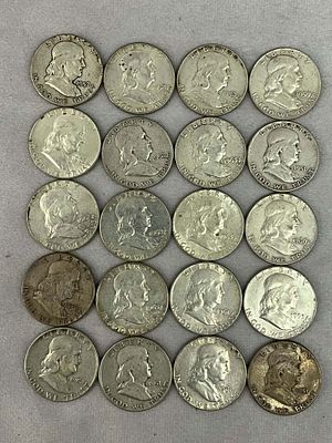 1950's & 1960's Ben Franklin Half Dollars, 20. One roll, 20 U.S. Coin Currency coins, Ben