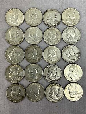 1950's & 1960's Ben Franklin Half Dollars, 20. One roll, 20 U.S. Coin Currency coins, Ben