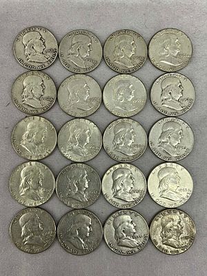 1950's & 1960's Ben Franklin Half Dollars, 20. One roll, 20 U.S. Coin Currency coins, Ben