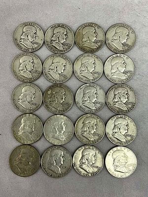 1950's & 1960's Ben Franklin Half Dollars, 20. One roll, 20 U.S. Coin Currency coins, Ben