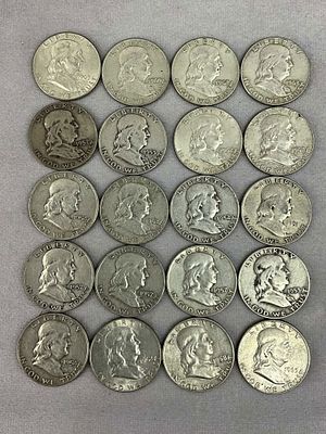 1950's & 1960's Ben Franklin Half Dollars, 20. One roll, 20 U.S. Coin Currency coins, Ben